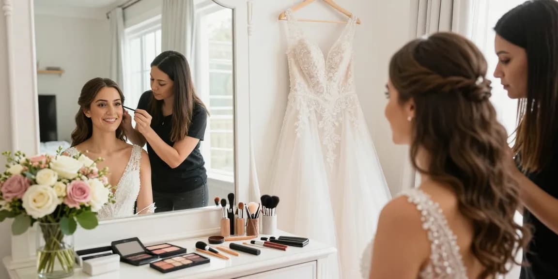 Trucco sposa eseguito da un artista del make-up in una stanza luminosa, con decorazioni eleganti e fiori freschi.