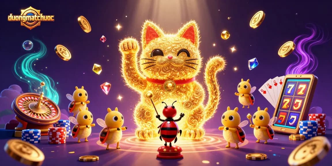 Experience the vibrant world of duongmatchuoc with dynamic casino symbols and lucky cat illustration.
