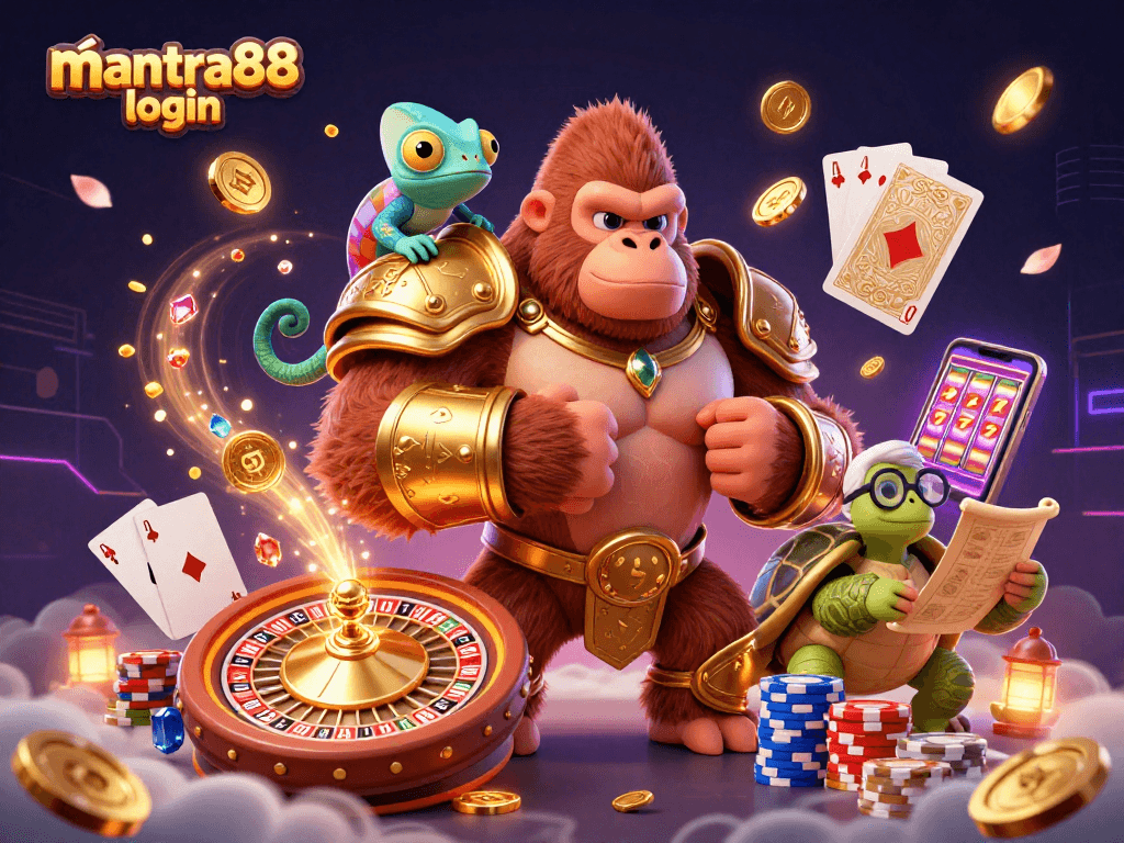 Experience thrills with mantra88 login in a dynamic casino environment featuring animated characters.