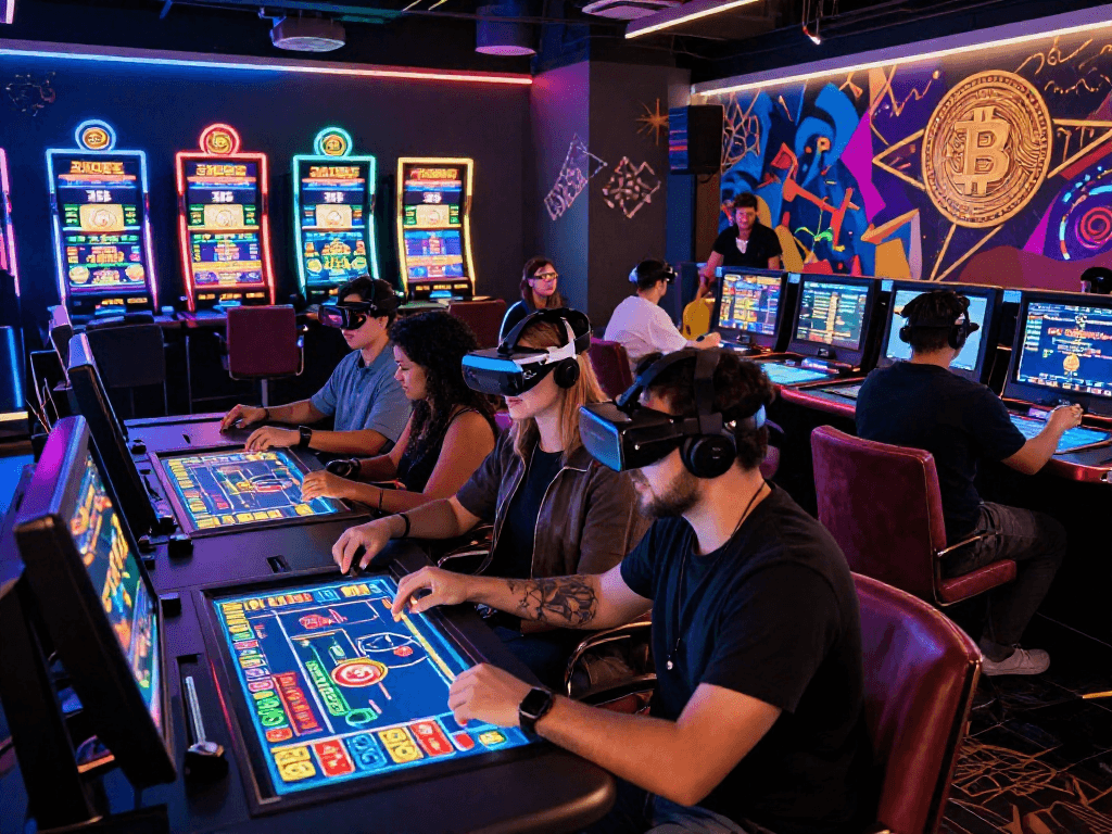 Players enjoying a crypto casino experience with vibrant gaming interfaces and neon lights.