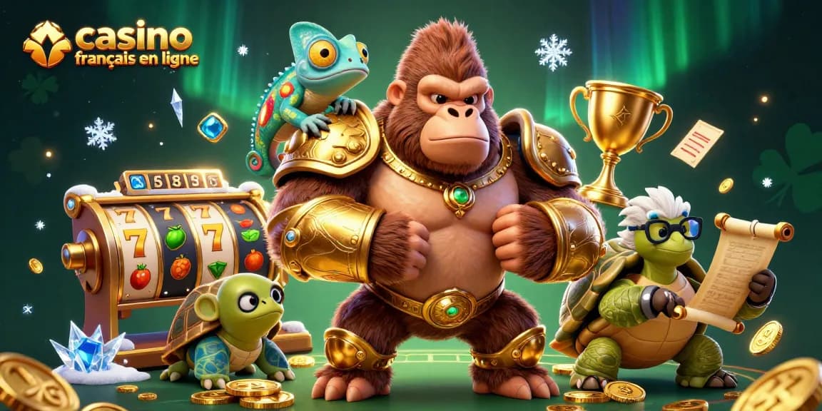 Casino français en ligne : illustration dynamique avec gorille en armure et jeux de machines à sous.