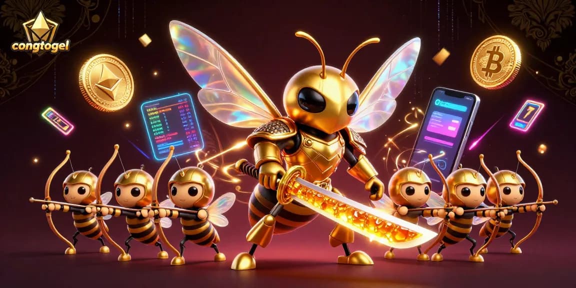 Engage with congtogel in a vibrant 3D illustration showcasing a golden hornet and crypto elements.