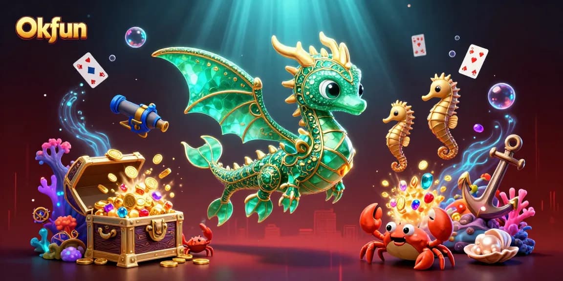 Engage in casino adventures with Okfun's vibrant underwater scene featuring a dragon and treasure.