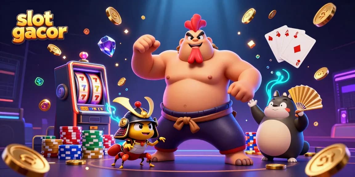 Experience the thrill of slot gacor as animated characters celebrate amidst shining coins and vibrant casino elements.