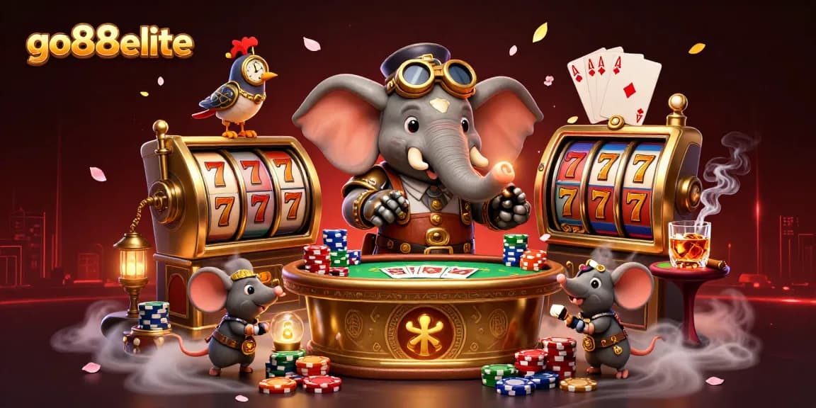 Spin the golden slot machine with go88elite while steampunk characters create a vibrant casino scene.