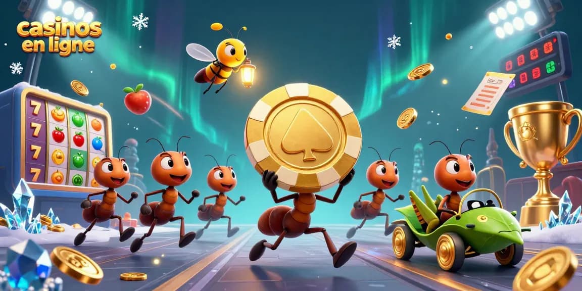 Jouez aux casinos en ligne avec cette scène animée d'une équipe de fourmis transportant un jeton de poker doré.