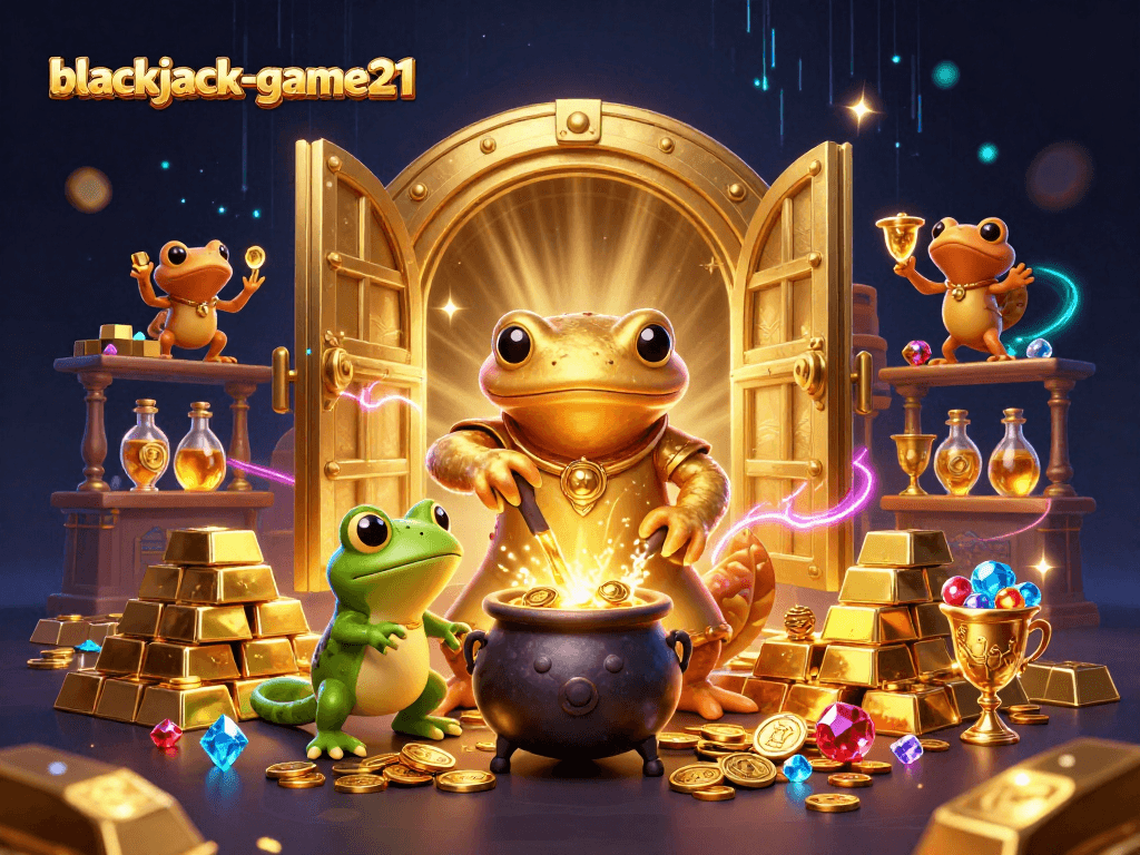 Experience the thrill of blackjack-game21 with a mystical alchemist and vibrant gold treasures.