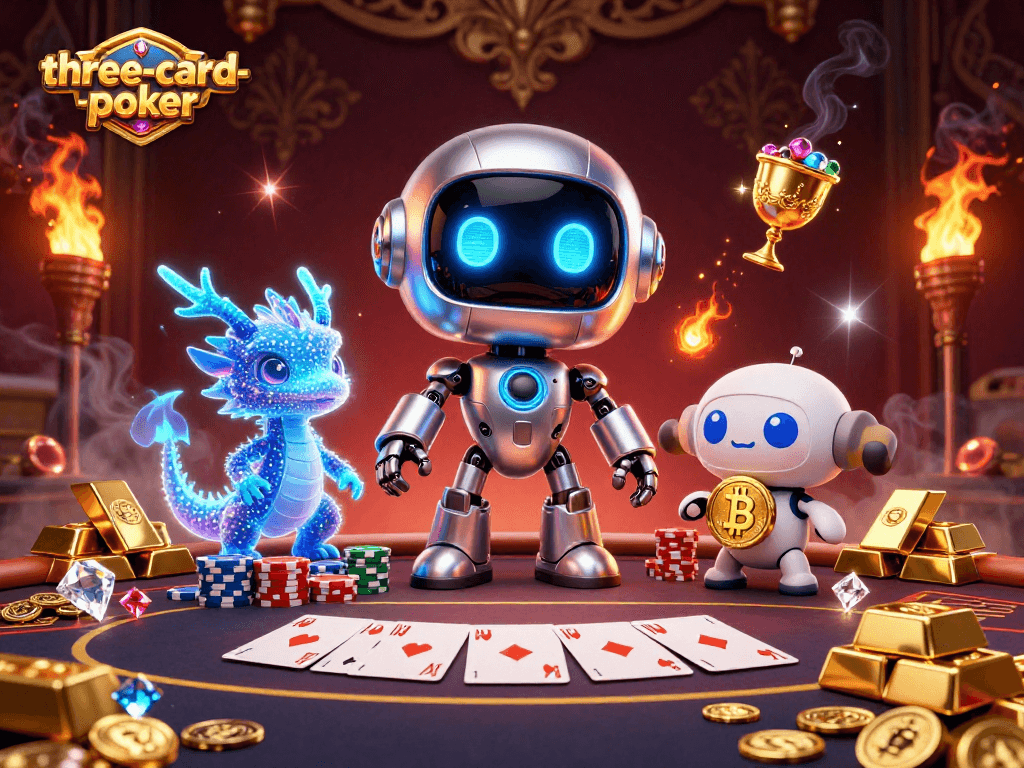 Experience the thrill of three-card-poker illustrated with dynamic gaming elements and vibrant characters.