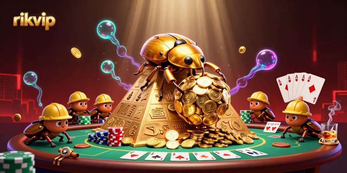 Experience thrilling gameplay with rikvip as golden beetles roll coins towards the casino pyramid.