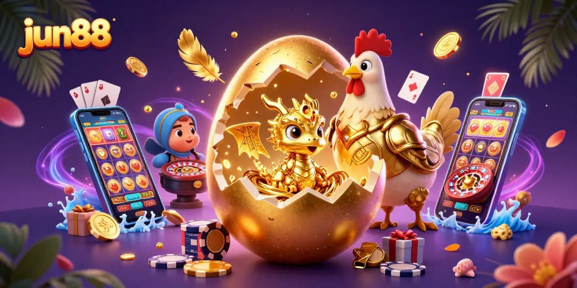 Play slots and win with jun88's vibrant casino game elements and golden dragon illustration.