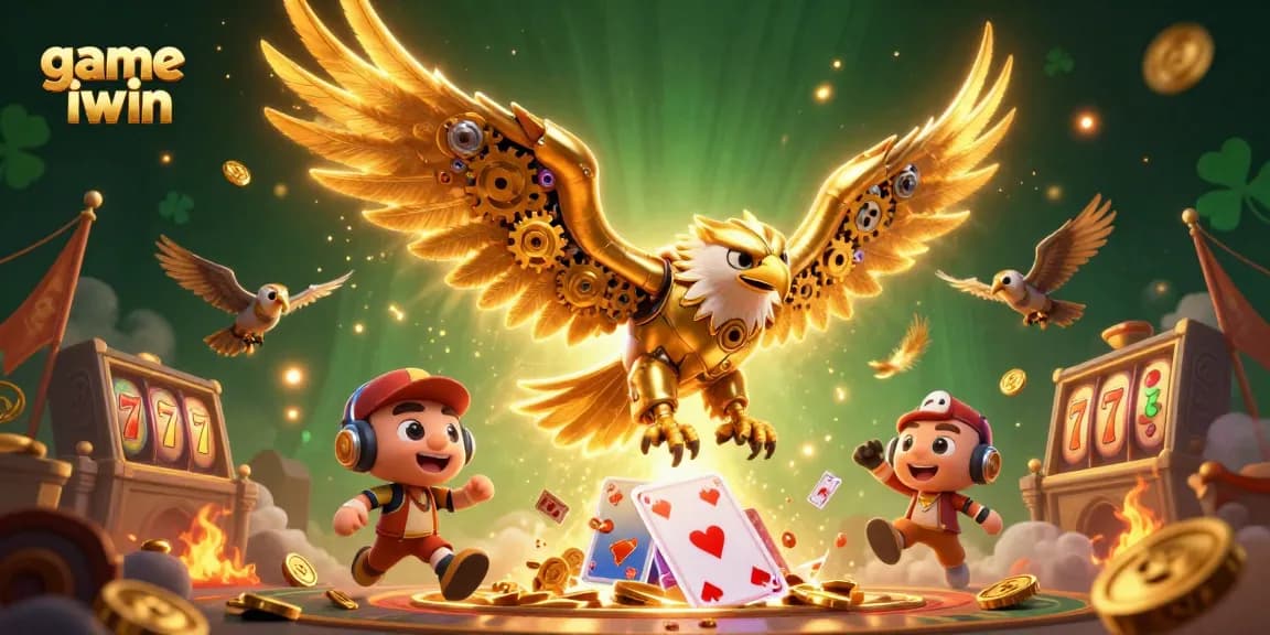 Experience thrilling gameplay with game iwin, featuring a cybernetic eagle amidst rich casino scenes.