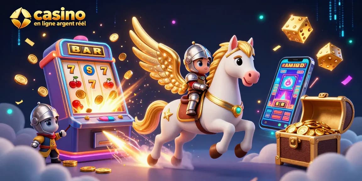 Découvrez le casino en ligne argent réel avec une scène dynamique de jeux et de gagnants entourés de jackpots et d'effets lumineux.