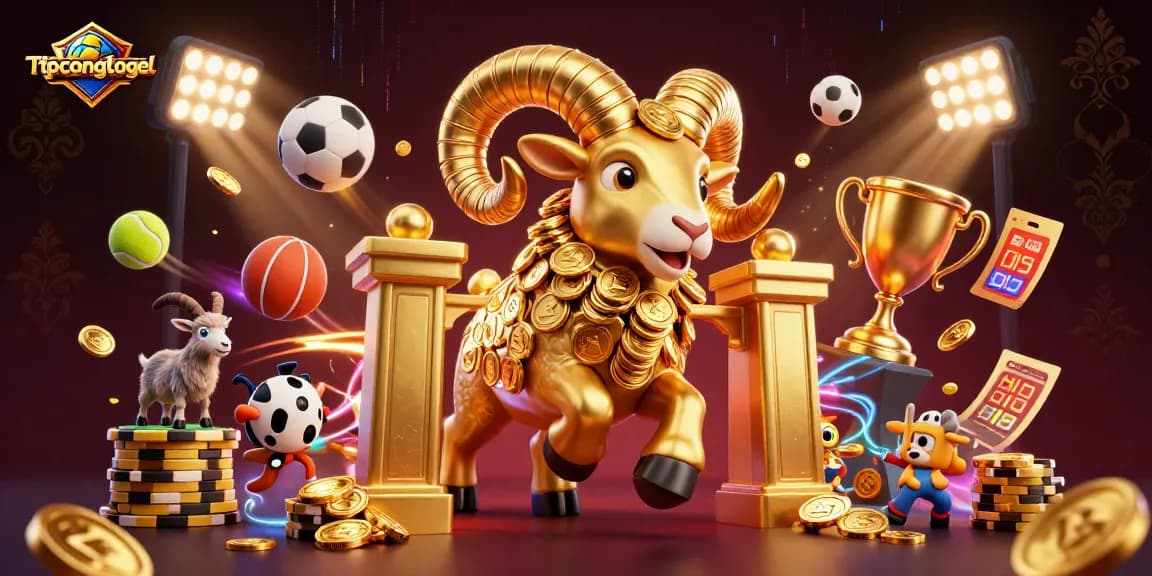 Engage with rtpcongtogel through vibrant 3D casino action featuring golden ram charging, sports balls, and dynamic elements.