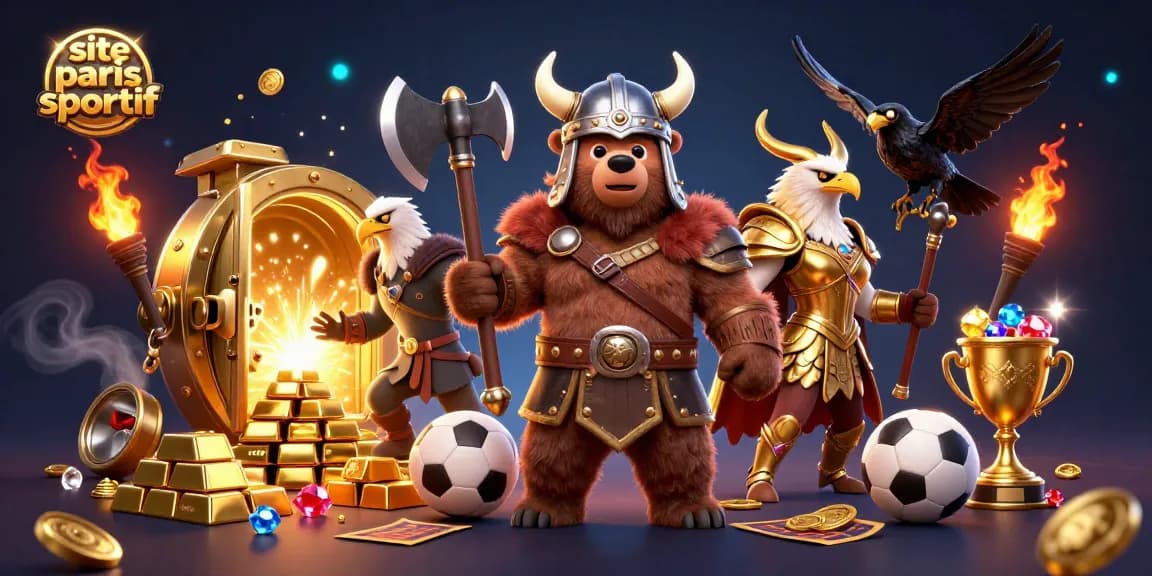 Le site paris sportif offre une expérience immersive avec un ours viking et une aigle valkyrie entourés de trésors d'or.