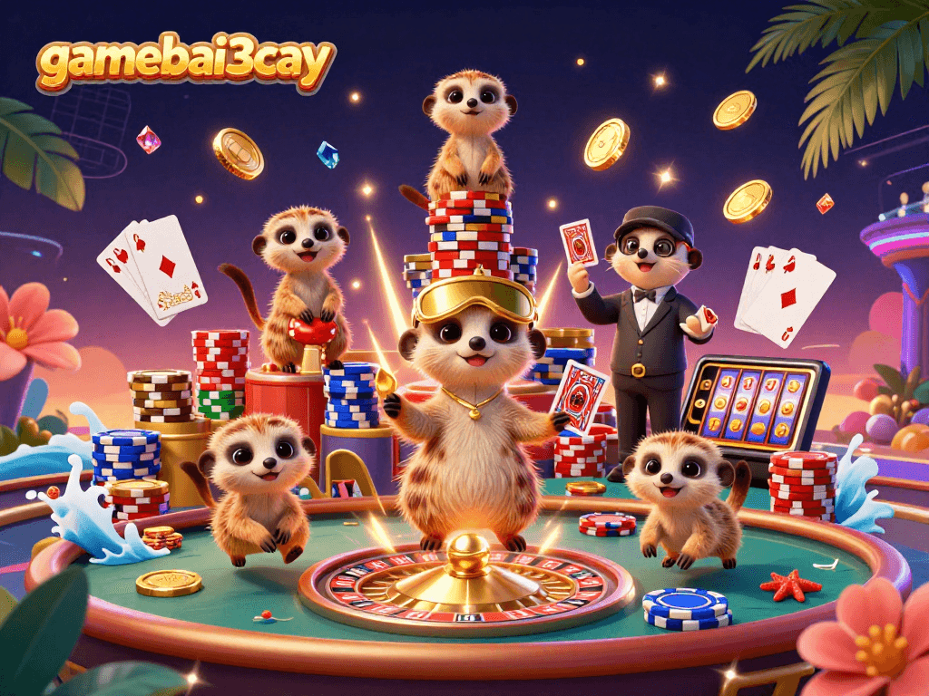 Win big at gamebai3cay with engaging meerkat casino illustration showcasing lively operations.