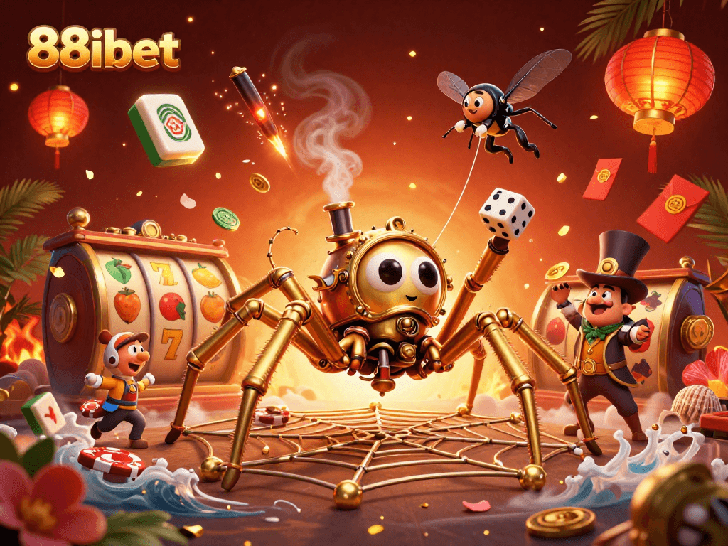 Catch the thrill of 88ibet with this vibrant 3D illustration featuring a steampunk spider crafting golden webs.