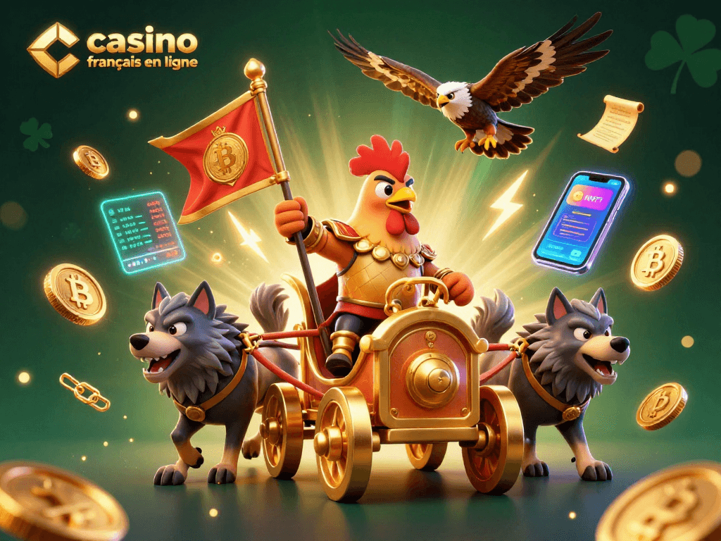 Illustration 3D dynamique avec un coq guerrier et des éléments de casino francais en ligne