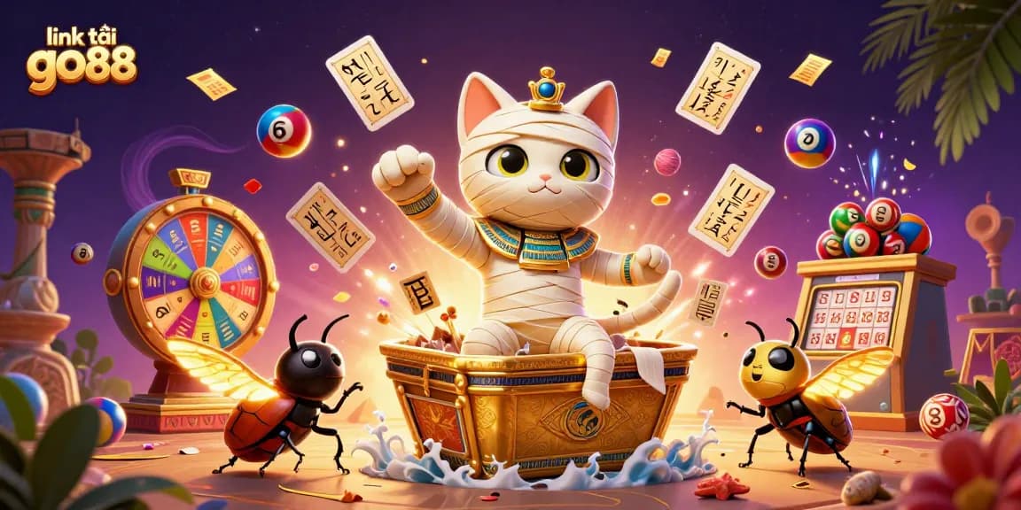 Play exciting games at link tải go88 with a vibrant 3D scene of a mummy cat and golden tickets!