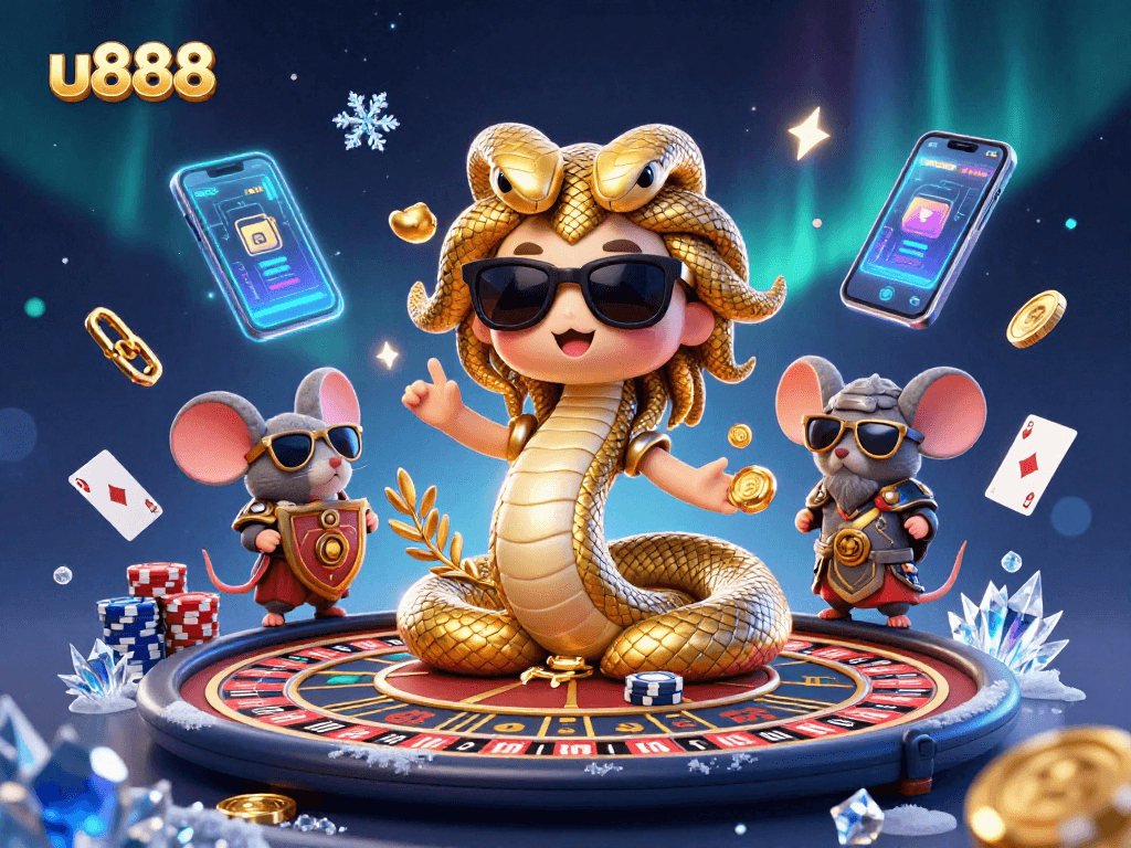 Join the excitement at u888 with Medusa and a warrior mouse in this lively casino scene.