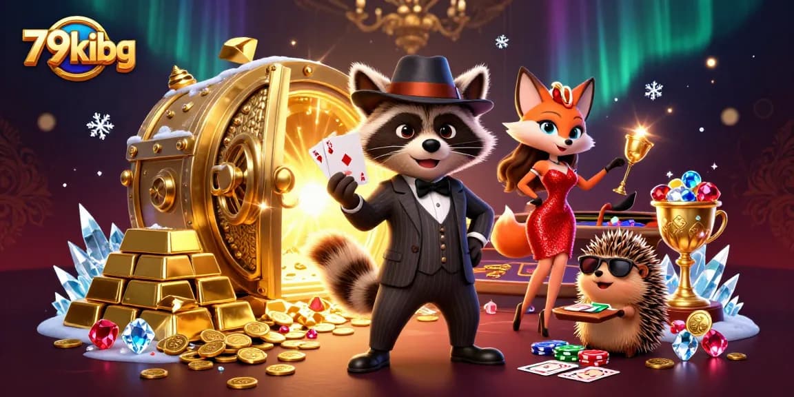 Experience the vibrant energy of a casino scene with 79kibg featuring a suave raccoon, elegant fox, and strong hedgehog.