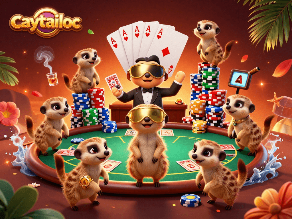 caytailoc meerkats manage a lively casino, showcasing colorful poker chips and game action.