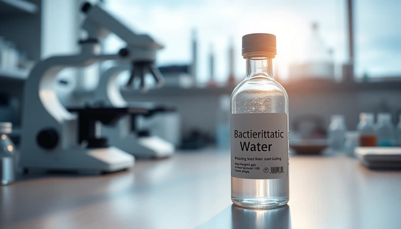 View a vial of bacteriostatic water in a professional lab setting, emphasizing quality and precision.