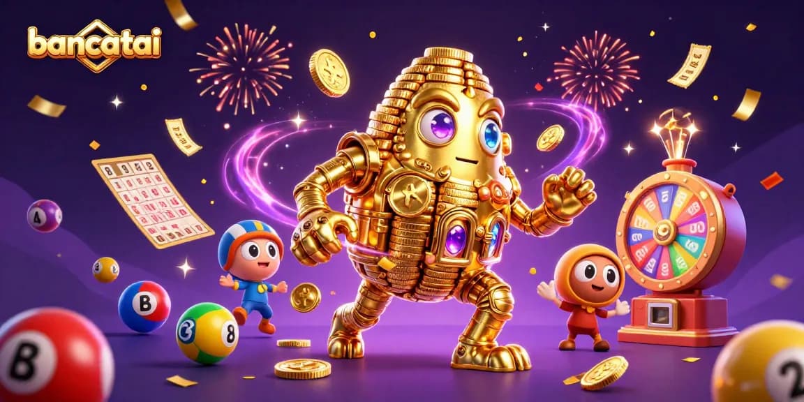 Bancatai illustration showcasing a dynamic 3D casino scene filled with gold coins, colorful lottery balls, and festive elements.