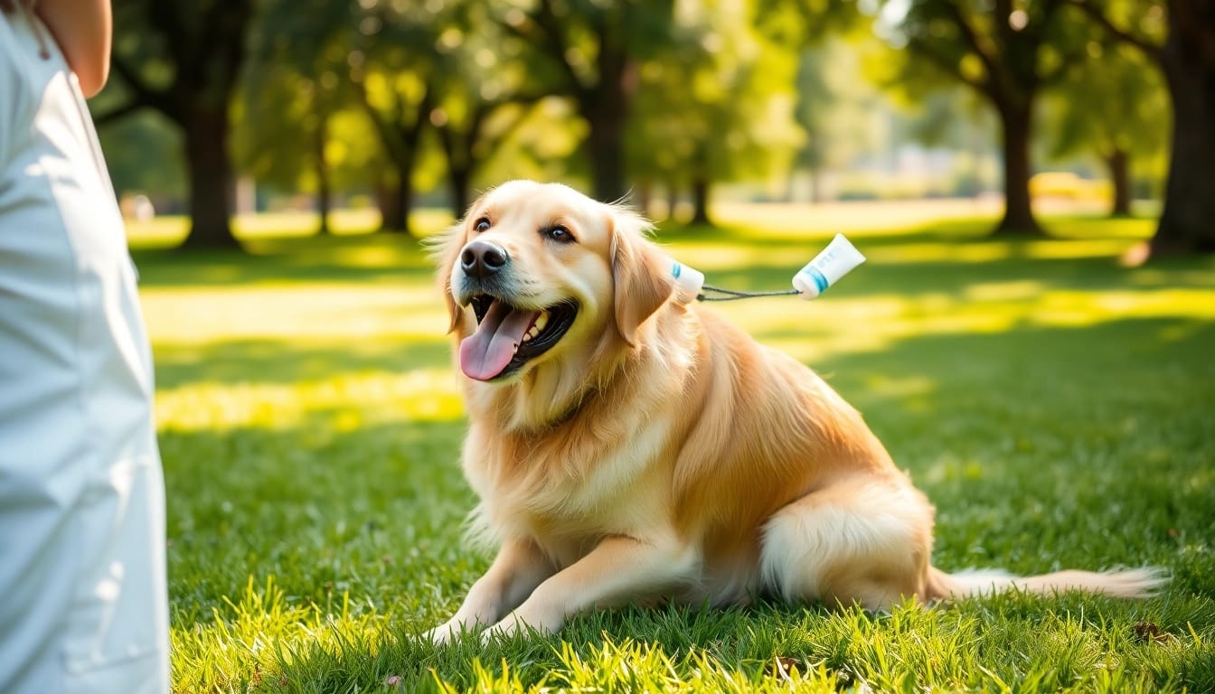Apply dmso for dogs during treatment in a sunny park setting with a playful atmosphere.