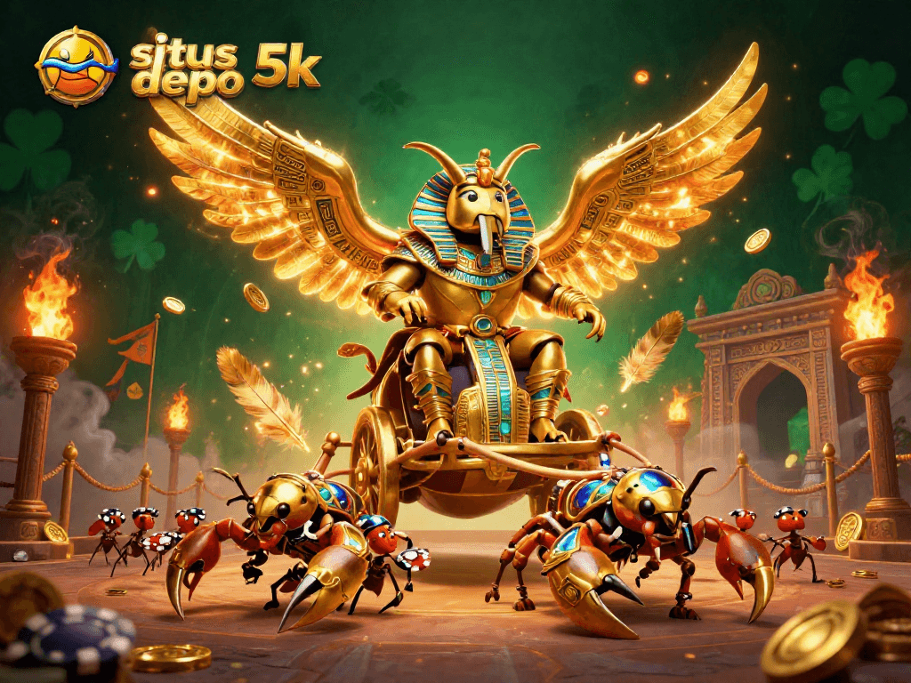 Bet on situs depo 5k with a stunning arena scene featuring a golden scarab, jewel scorpions, and poker chip action.