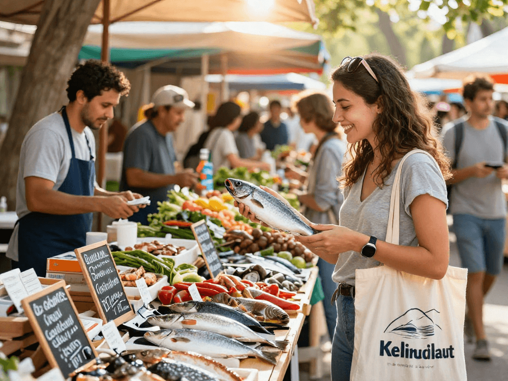 Shopper exploring kelincilaut fish products at a vibrant outdoor market, showcasing fresh seafood and community spirit.