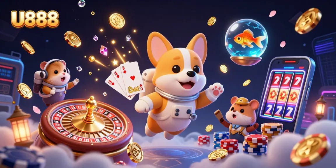 Experience the fun at U888, where a 3D corgi astronaut plays in a zero-gravity casino.