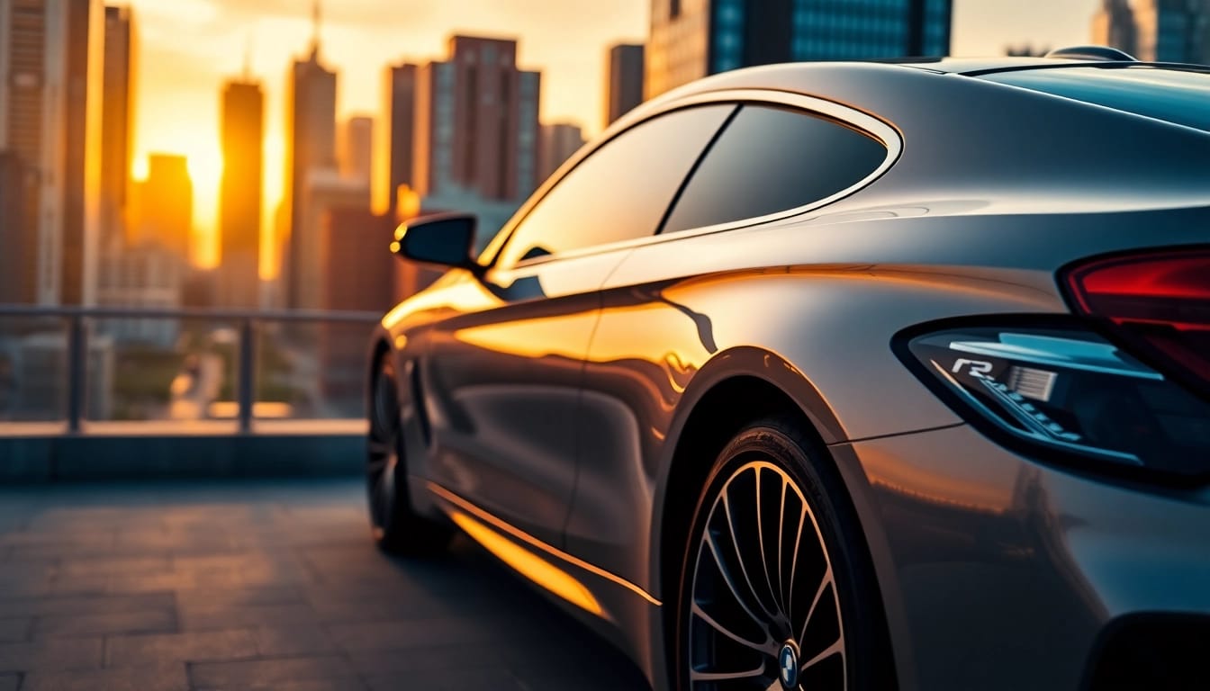 Luxury BMW car exuding elegance parked against an urban skyline at sunset.