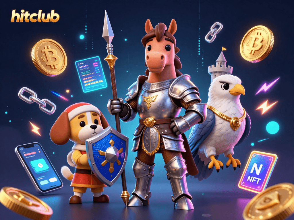 Hitclub offers exciting gaming adventures featuring knights and crypto elements in a vibrant casino scene.