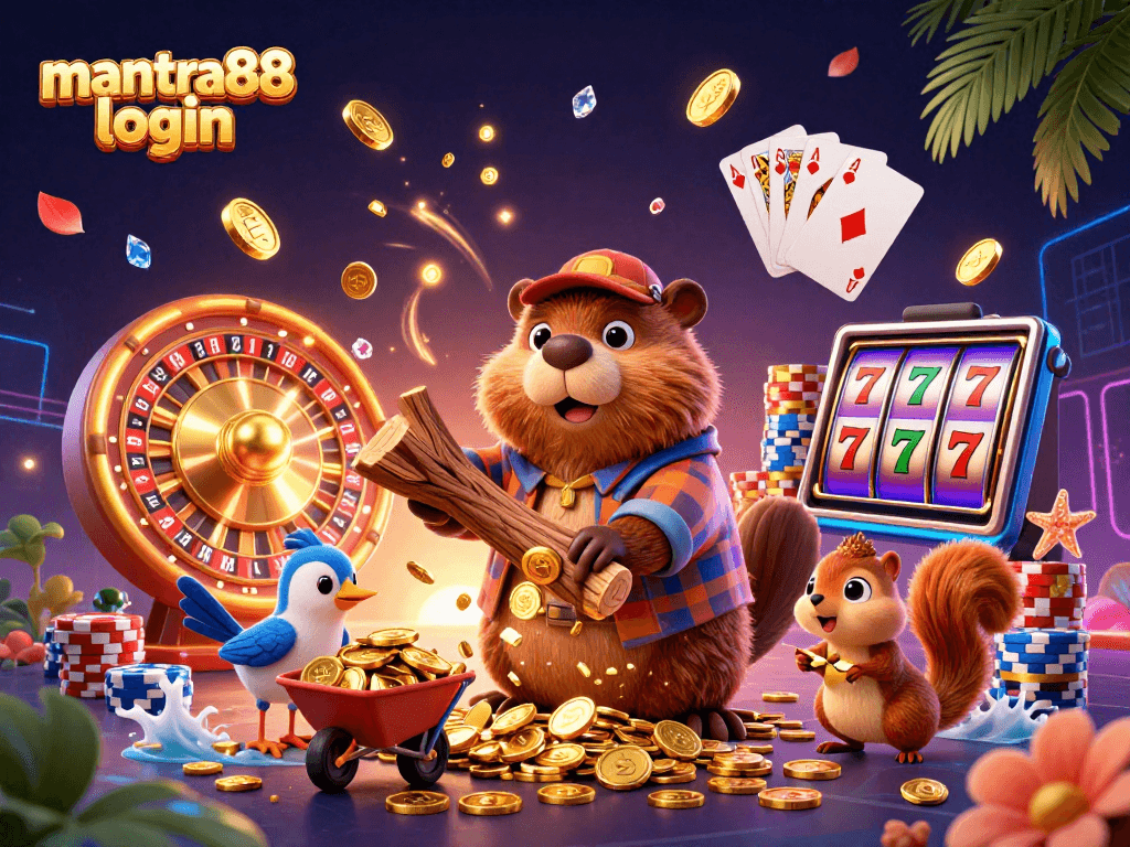 Experience excitement with mantra88 login in a dynamic casino-themed scene filled with treasures.