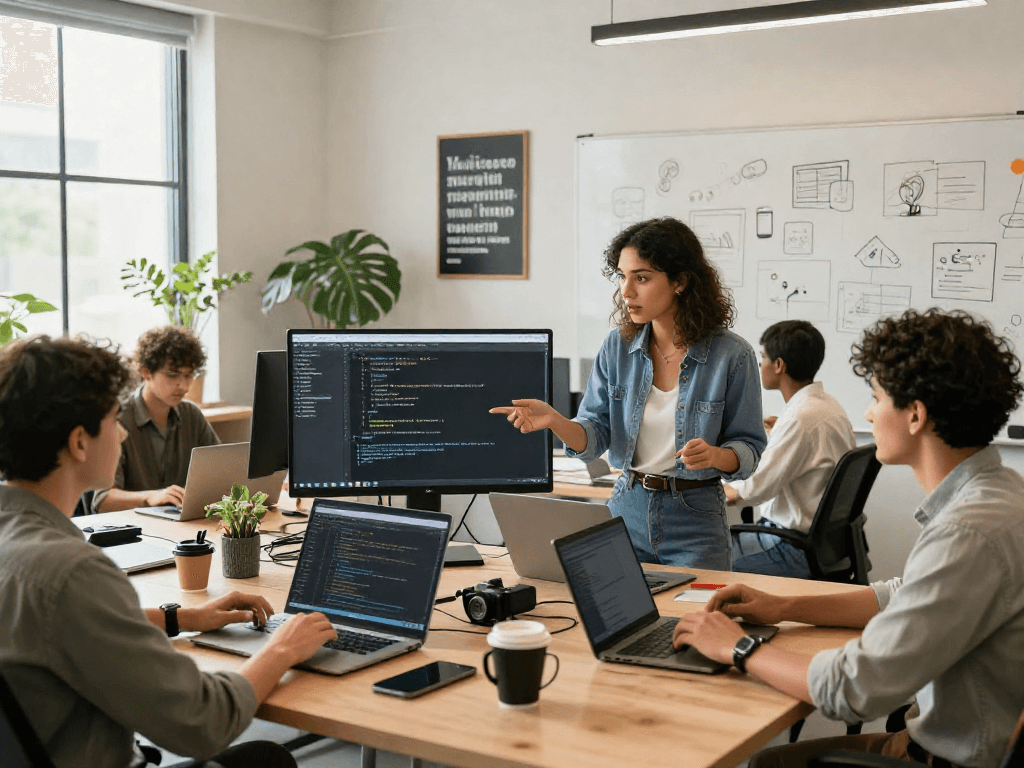 Developers collaborating on a project in a vibrant net88 software office space.