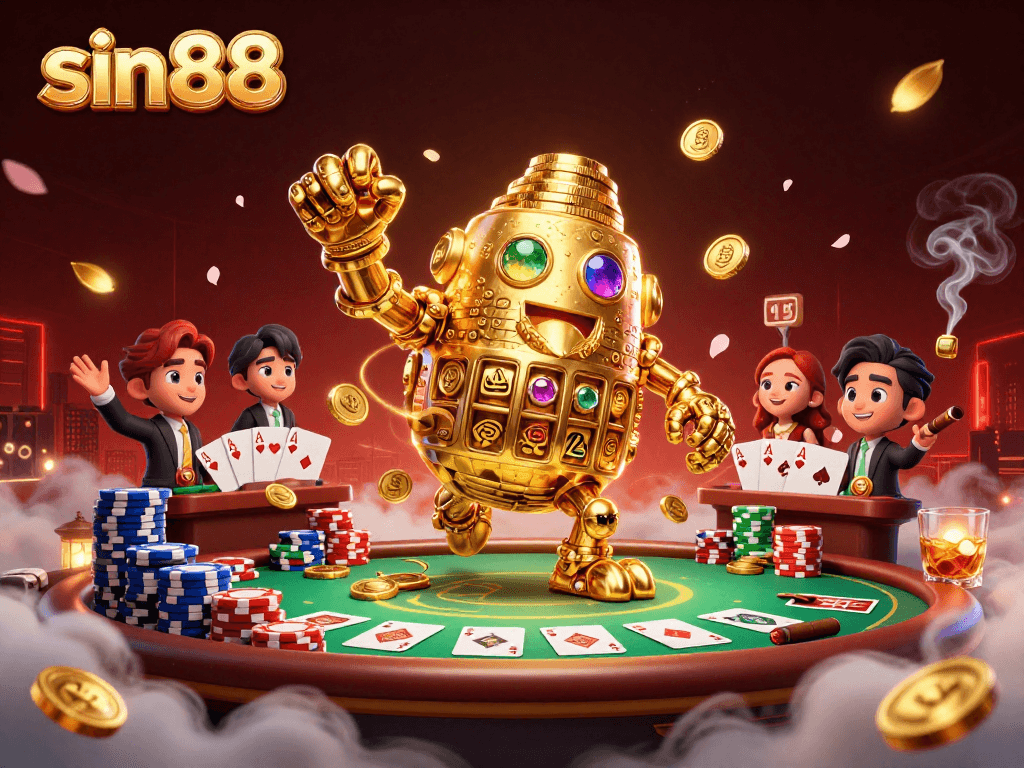 Experience thrilling games at sin88 with an ancient golden golem and vibrant poker elements.