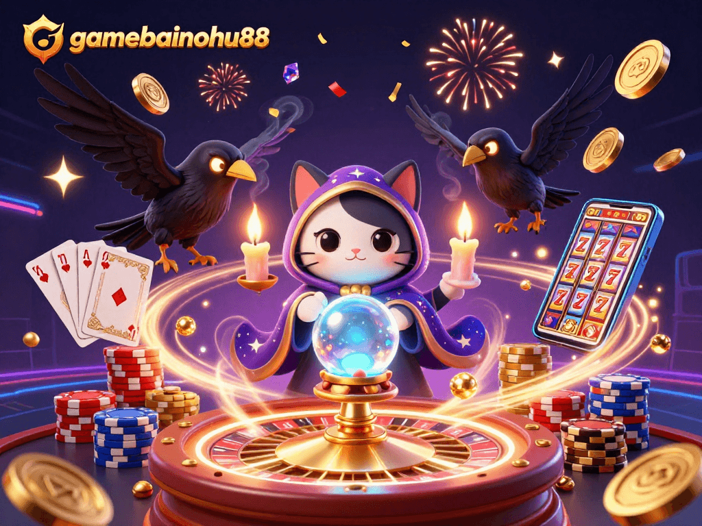 Spin to win with gamebainohu88, featuring an enchanting scene of a mystic cat, tarot raven, and vibrant casino elements.