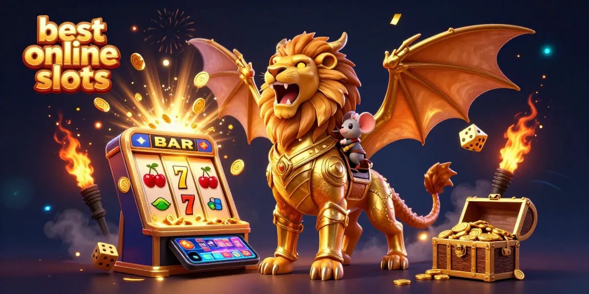 Experience the thrill of the best online slots with our vibrant 3D casino illustration featuring a golden chimera and bursting slot machine.