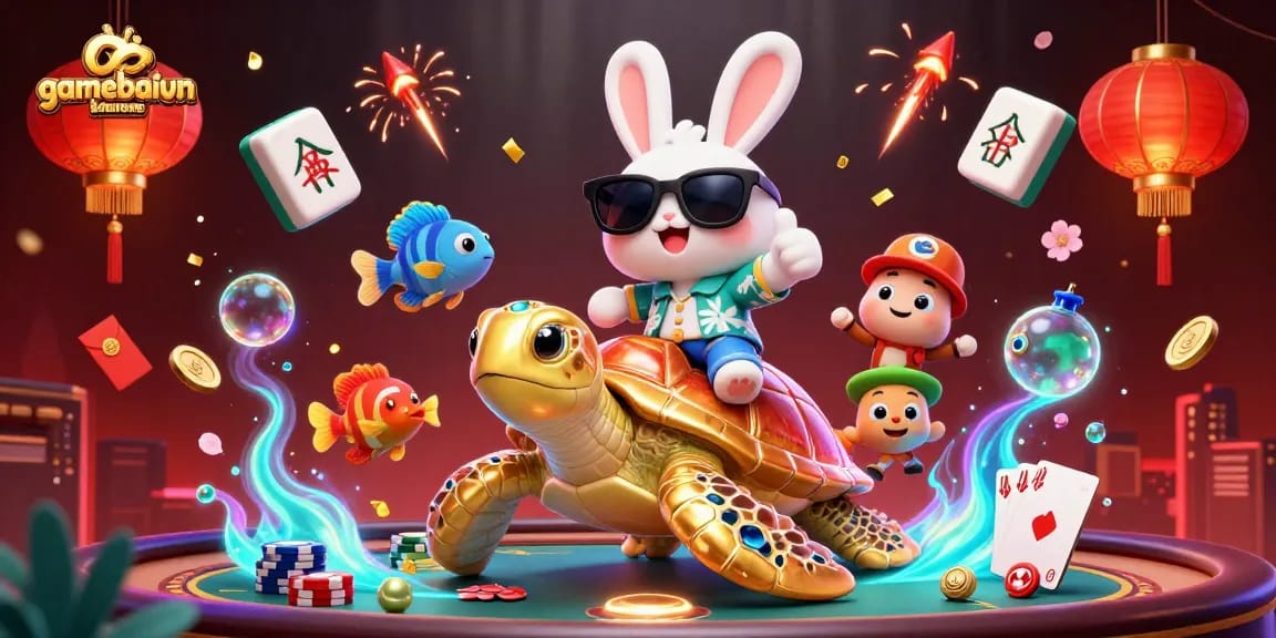 Gamebaivn poker scene with a lucky rabbit and golden turtle in a vibrant, dynamic casino environment.