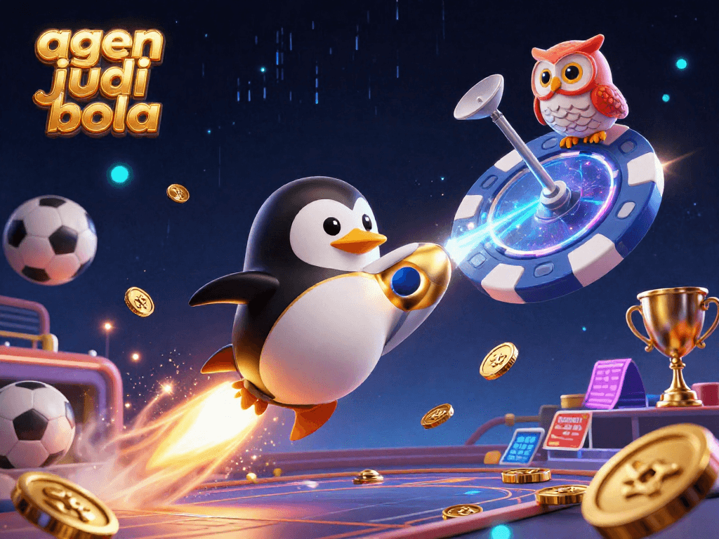Engage in exciting agen judi bola betting with thrilling visuals of sports elements and a golden penguin