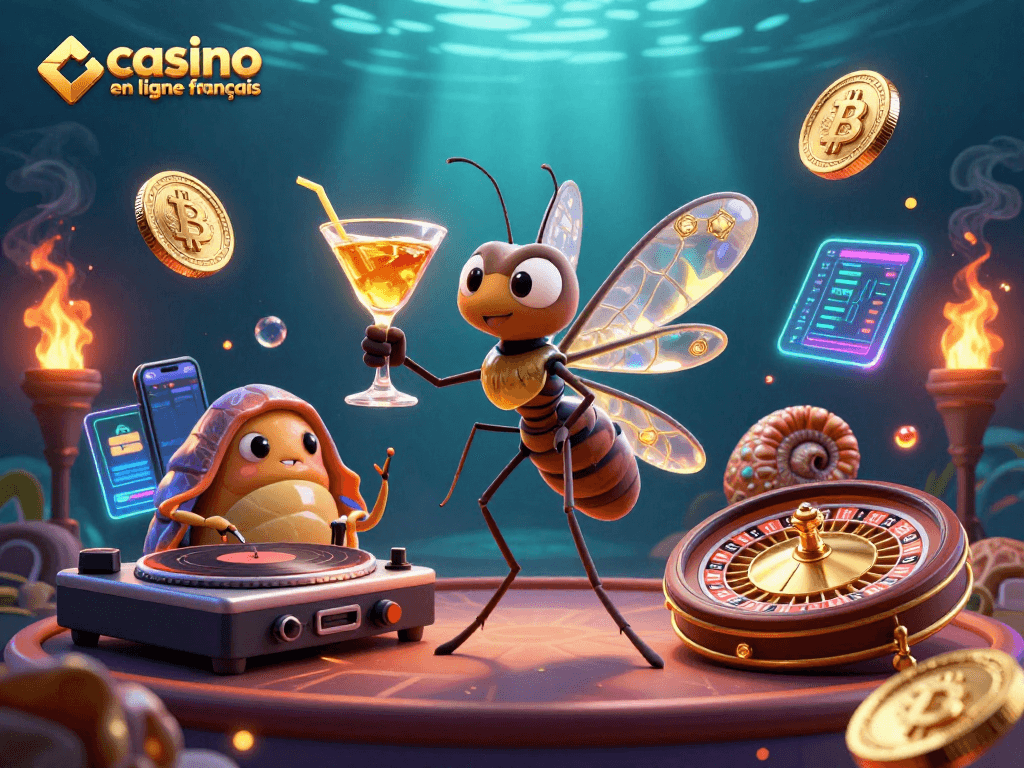 Jouez dans un casino en ligne français avec des personnages animés dynamiques et des éléments de jeu.