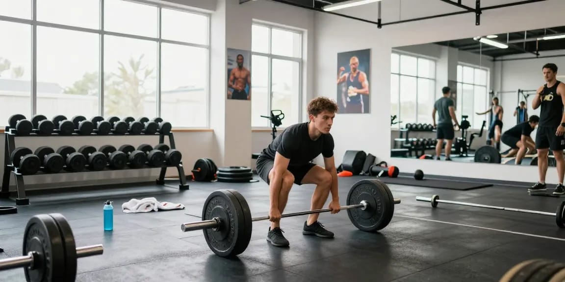High-performance athlete at Pharmaqo shop gym lifting weights with focus and determination.