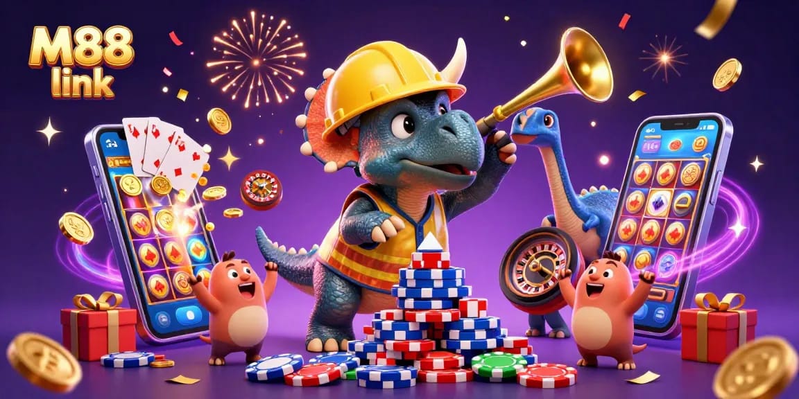 Play exciting games at M88 link, celebrating wins with vibrant characters and casino elements.