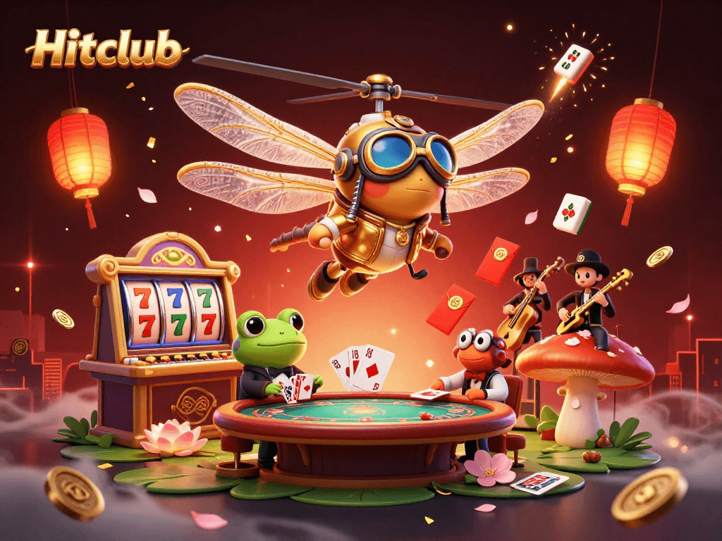 Engage with Hitclub's vibrant casino scene featuring dynamic dragonfly pilot, frog dealer, and lively musicians.