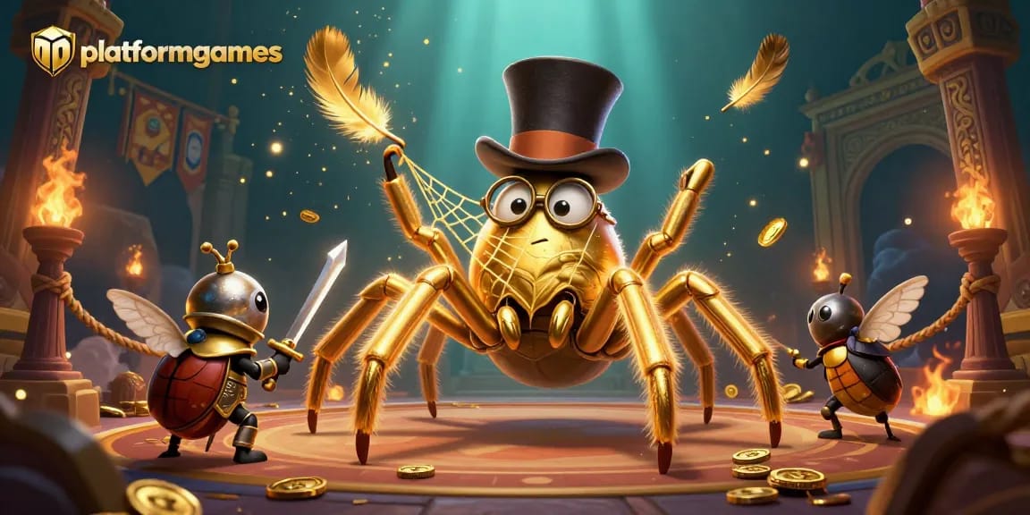 Engage with platformgames as the giant tarantula spins golden webs amidst thrilling casino excitement.