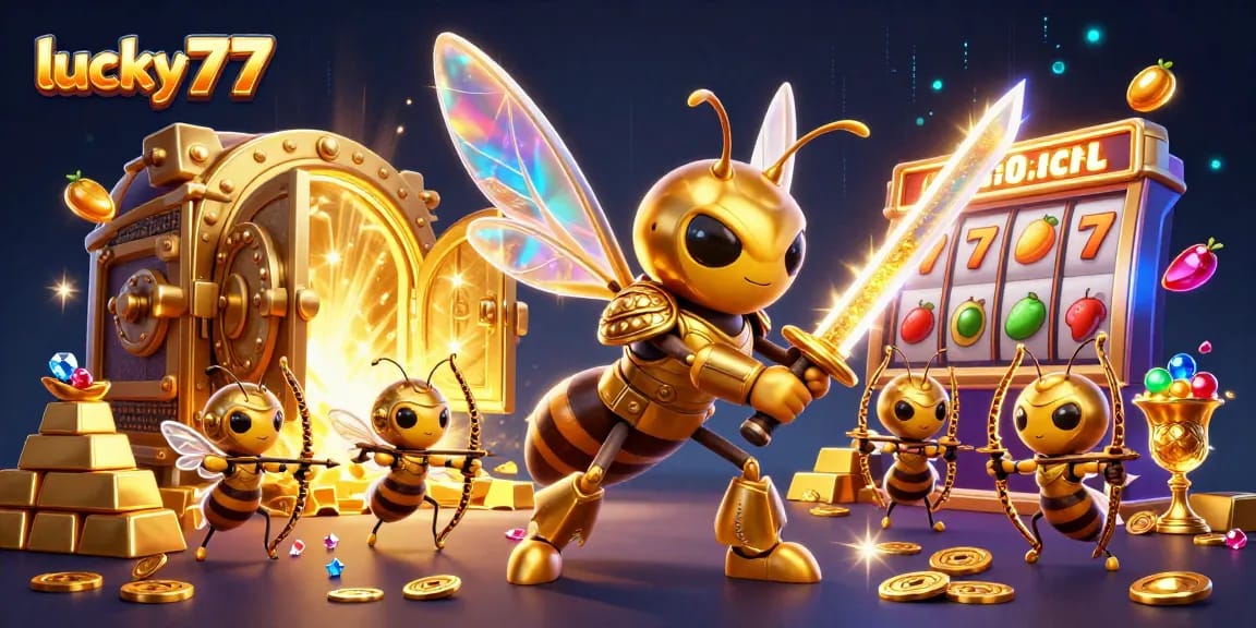 Play lucky77 slots with vibrant symbols and a giant hornet in a golden treasure scene.