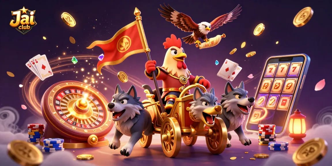 Engage with Jai club's dynamic gaming scene featuring a rooster warlord and exciting casino elements.