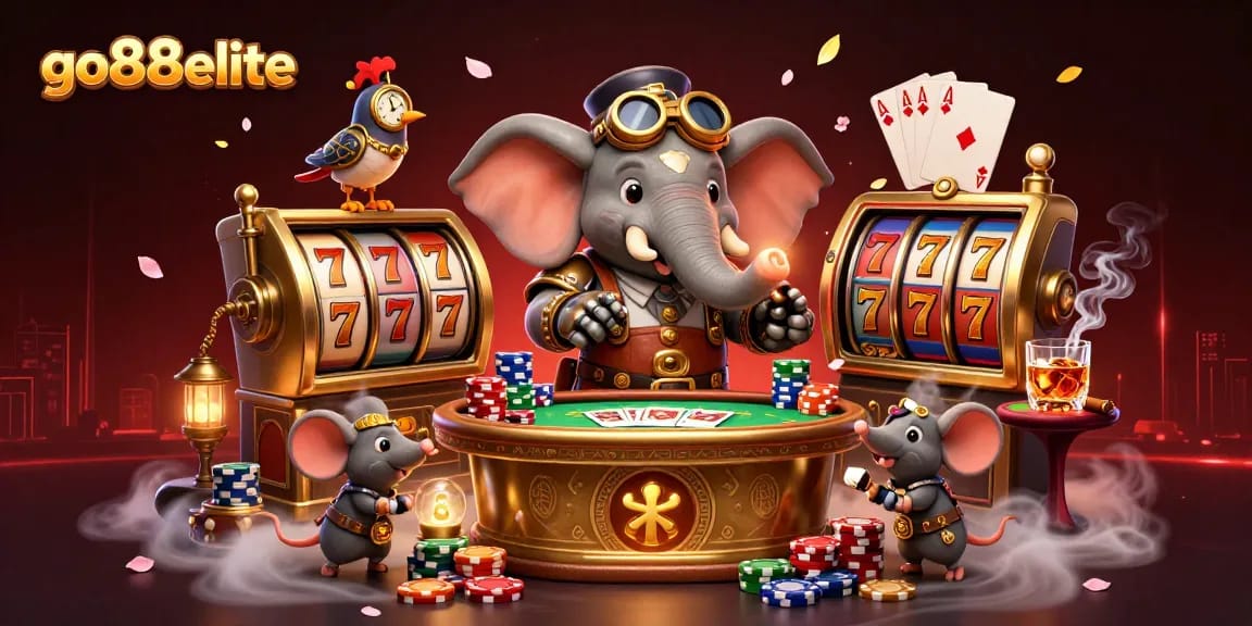 Spin the golden slot machine with go88elite while steampunk characters create a vibrant casino scene.