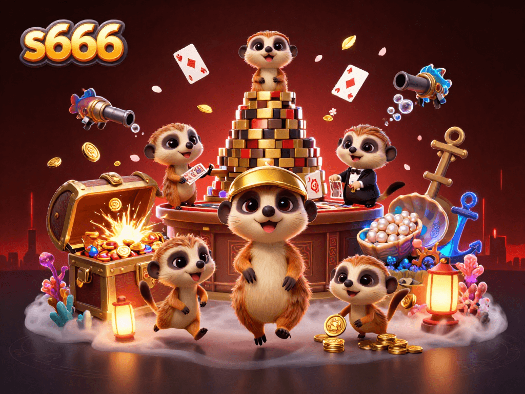 S666 casino scene featuring charming meerkats dealing cards and managing chips amidst floating casino elements.
