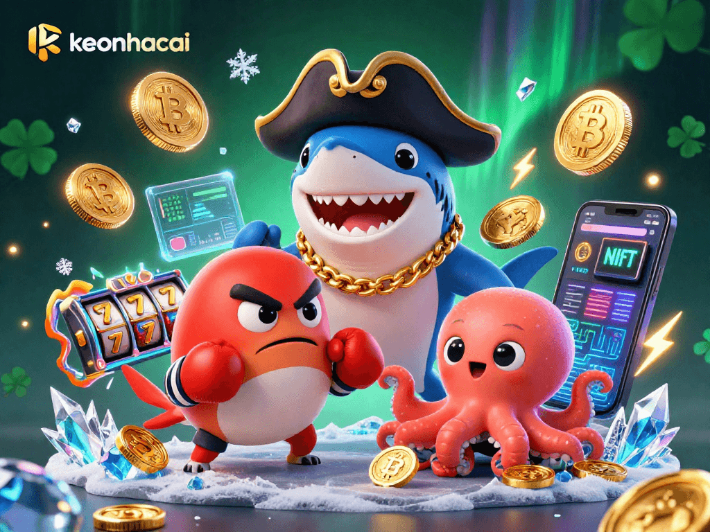 Engage with keonhacai's gaming excitement featuring a playful pirate shark and friends.